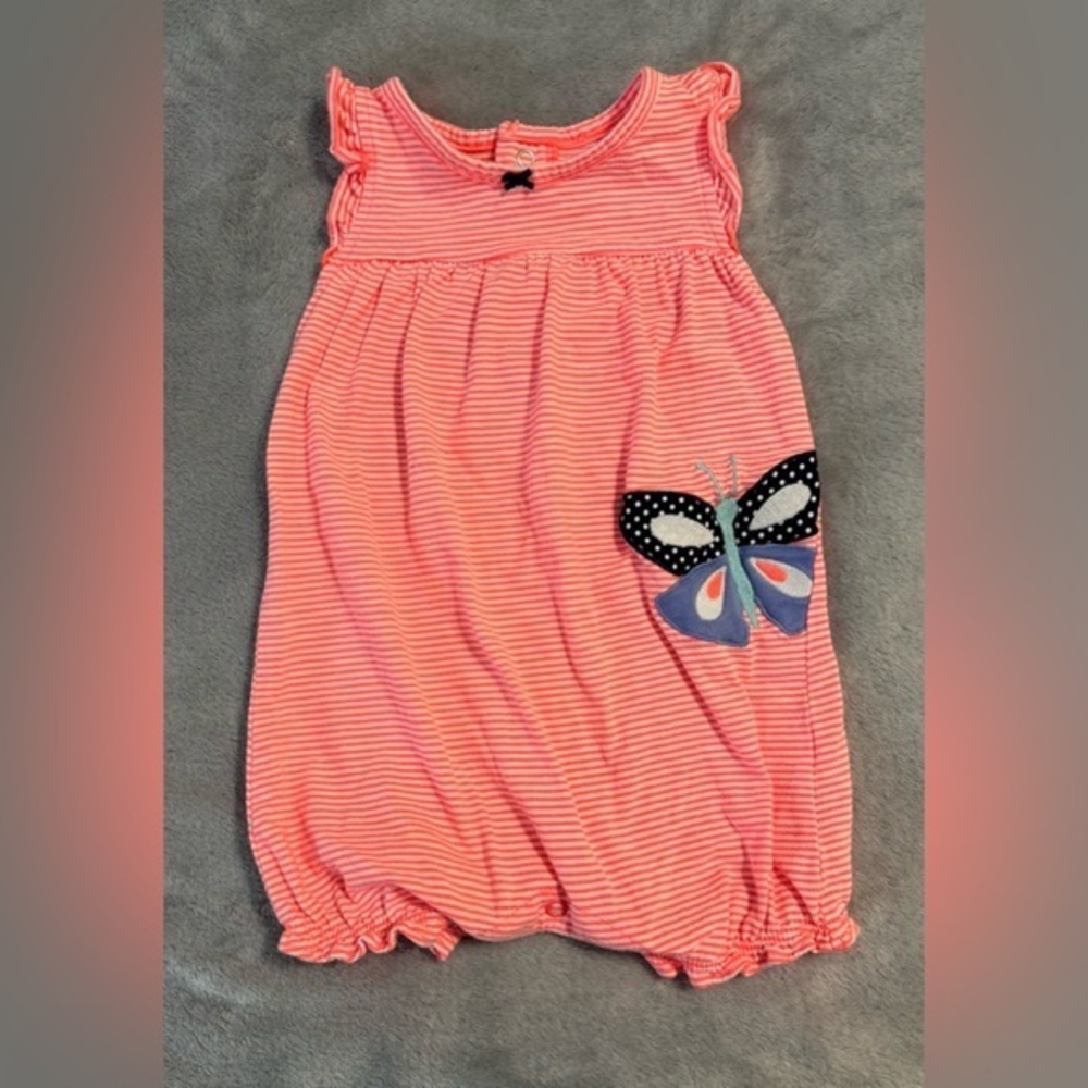 Carter's - coral striped romper with an appliqué butterfly